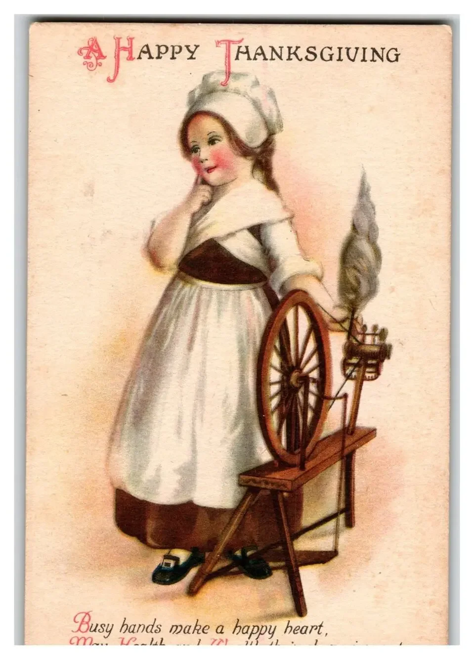 Ellen Clapsaddle Vintage Thanksgiving Pilgrim Girl Spinning Wheel Postcard Wolf